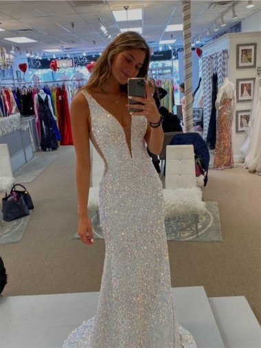Shown Color Sheath V-Neck Sweep Train Prom Dresses Bolton