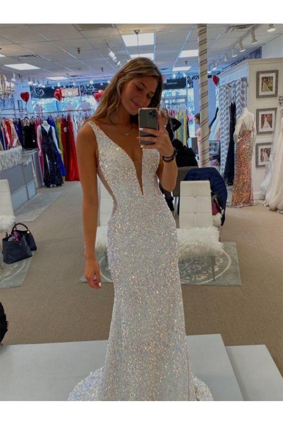 Shown Color Sheath V-Neck Sweep Train Prom Dresses Bolton