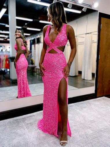 Shown Color Sheath V-Neck Long Sweep Train Evening Dress Bolton