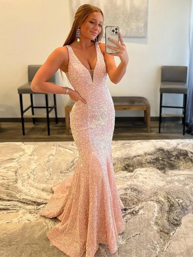 Shown Color Sheath V-Neck Sweep Train Evening Dress Bolton
