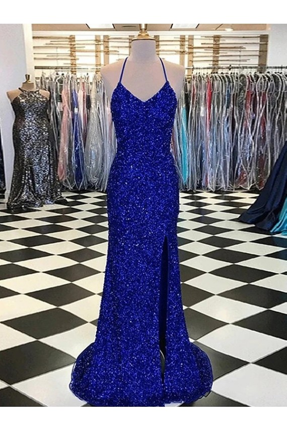 Royal Blue Sheath V-Neck Sweep Train Prom Dress / Evening Gown Bolton