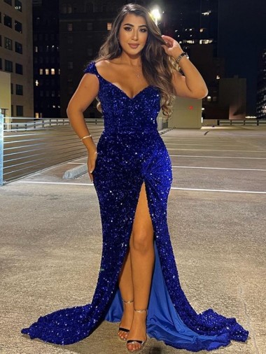 Royal Blue Sheath V-Neck Sweep Train Dress Bolton