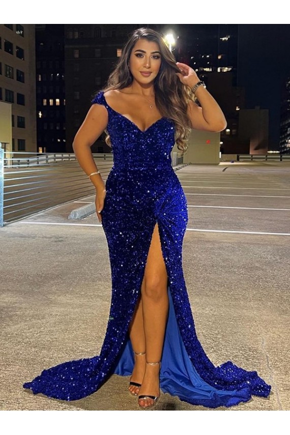 Royal Blue Sheath V-Neck Sweep Train Dress Bolton