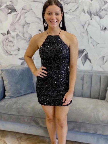 Black Sheath Halter Neck Short Prom Dress Bolton