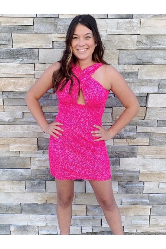 Fuchsia Sheath Halter Neck Short Homecoming Dress Bolton