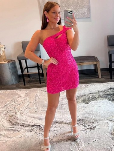 Fuchsia Sheath One Shoulder Short Prom Dresses Bolton