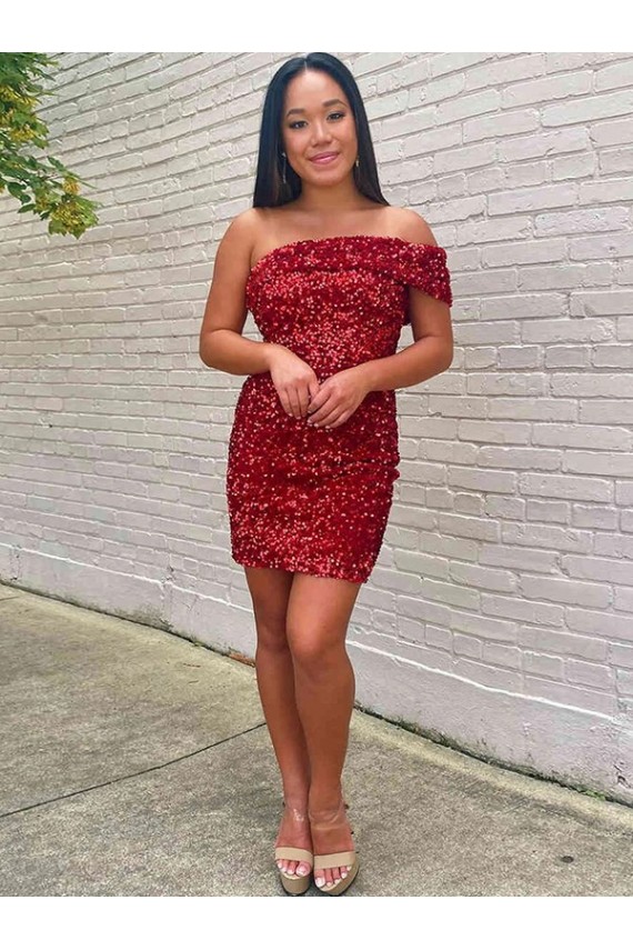 Burgundy Sheath One Shoulder Short Prom Dress Bolton