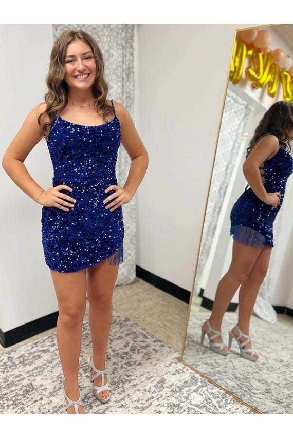 Royal Blue Sheath Spaghetti Straps Short Prom Dress Bolton