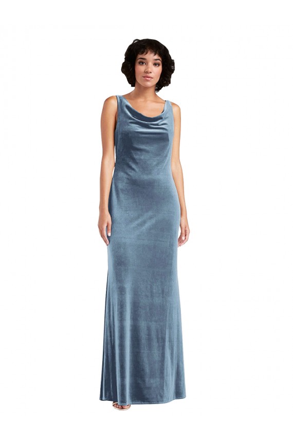 V-Back Dusty Blue Sheath Cowl Neck Long Evening Dress / Bridesmaid Dress Bolton