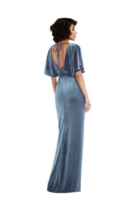 Open Back Dusty Blue Sheath Long Semi Formal Evening Dress / Prom Dress / Bridesmaid Dress Bolton