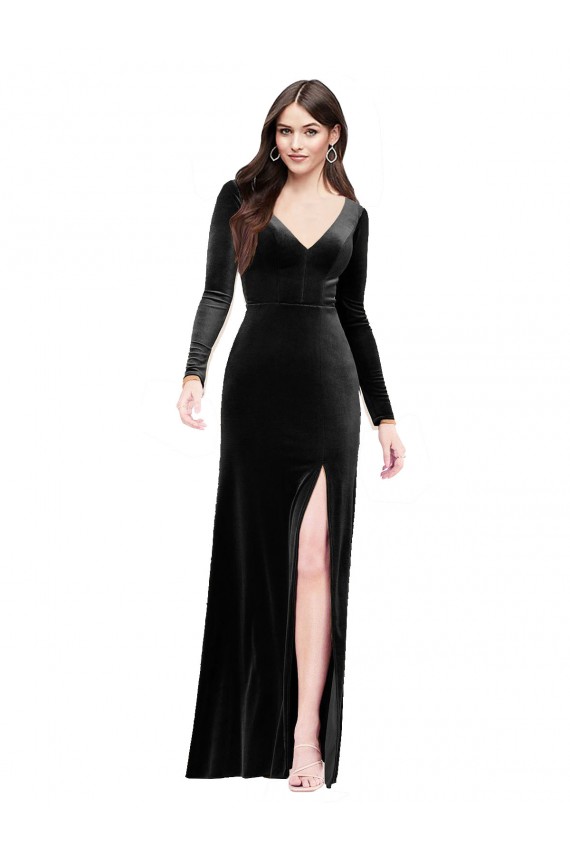V-Back Black Column V-Neck Long Formal Evening Gown / Prom Dress / Bridesmaid Dress Bolton